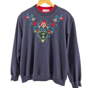 Alfred Dunner Navy Blue Embroidered Crest Sweatshirt Plus Sz 3X Preppy Floral